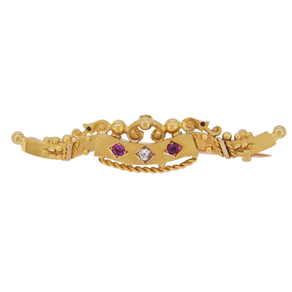 An Edwardian, 15ct yellow gold, red spinel & diamond set bar brooch