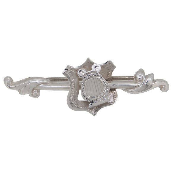An Edwardian, silver, lyre & shield bar brooch