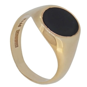 A modern, 9ct yellow gold, black onyx set, single stone, oval signet ring
