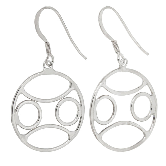 A pair of modern, silver, circular, abstract drop earrings
