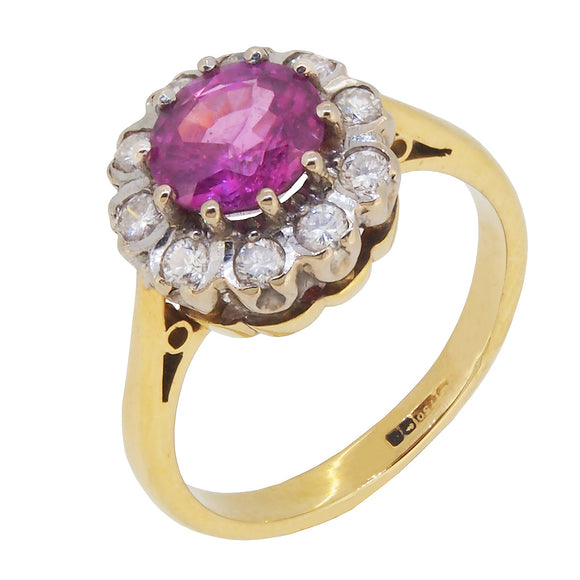 A modern, 18ct yellow gold, pink sapphire & diamond set cluster ring
