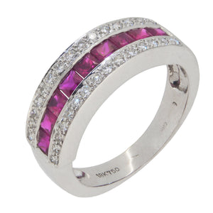 A modern, 18ct white gold, ruby & diamond set, thirty nine stone, three row half eternity ring