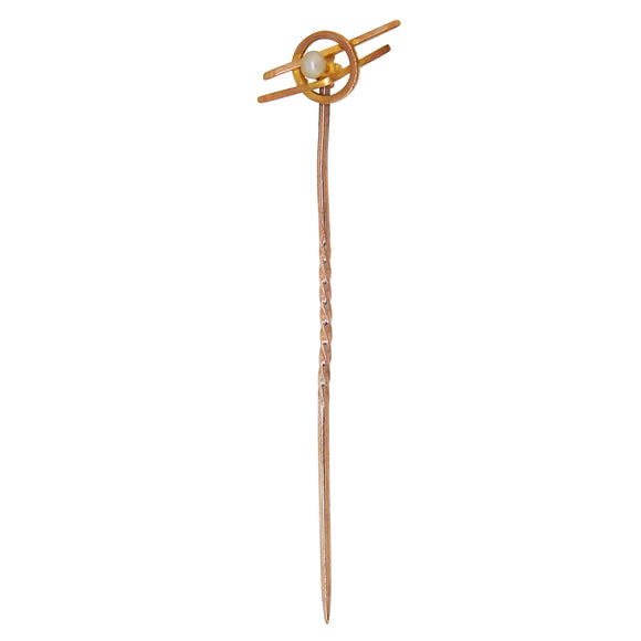 A mid-20th century, 9ct yellow gold, pearl set, single stone stick pin