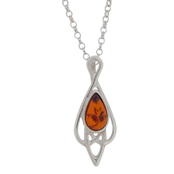 A modern, silver, amber set pendant & chain