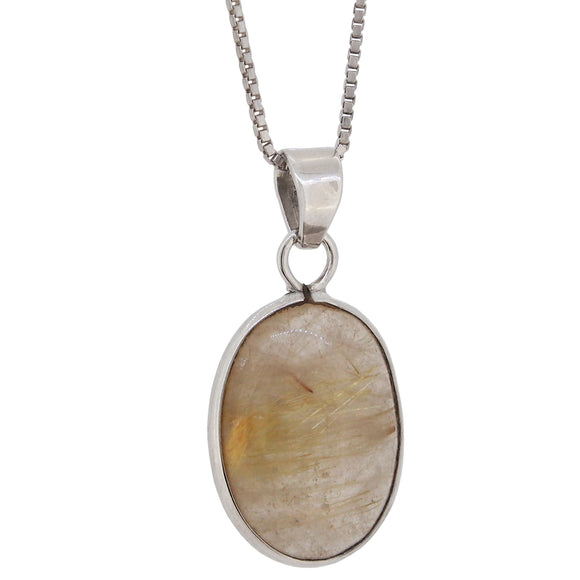 A modern, silver, rutilated quartz set pendant & chain