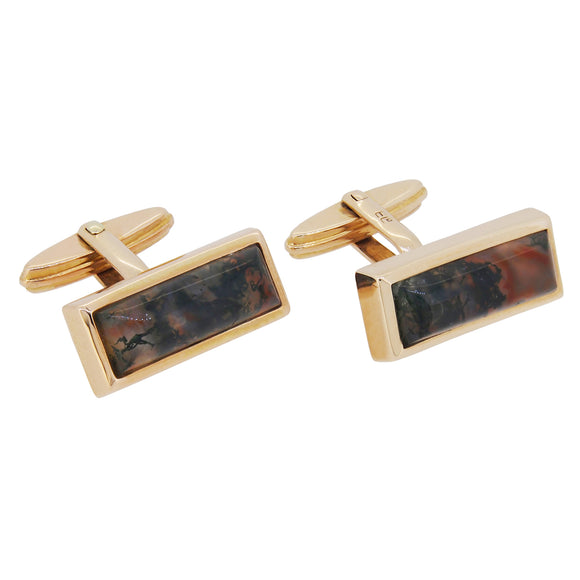 A pair of mid-20th century, 9ct yellow gold, moss agate set, rectangular, toggle link cufflinks
