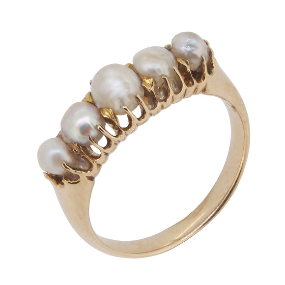 A Victorian, 18ct yellow gold, pearl set, five stone ring