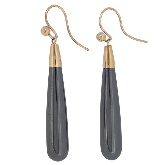 A pair of modern, 9ct yellow gold, hematite set drop earrings