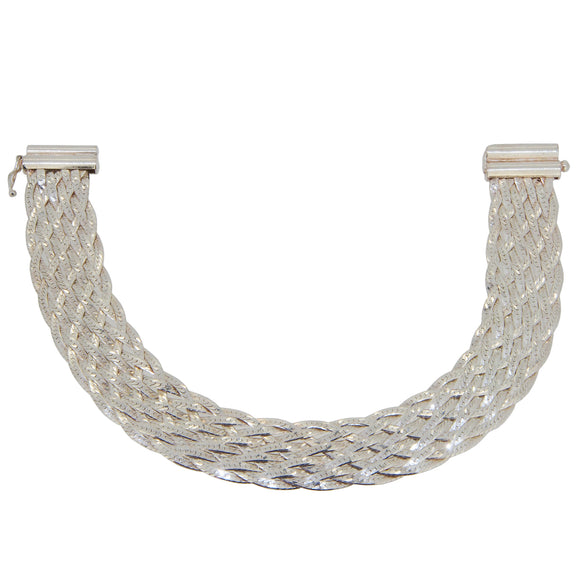 A modern, silver, woven link bracelet