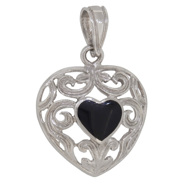 A modern, silver, black onyx set, heart shaped pendant