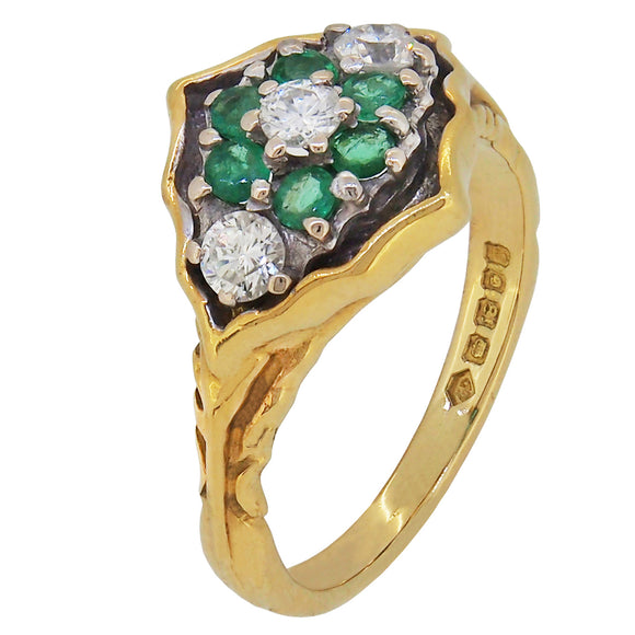 A modern, 18ct yellow gold, emerald & diamond set cluster ring