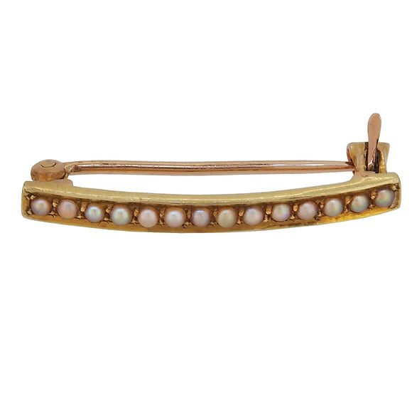 A mid-20th century, 14ct yellow gold, pearl set bar brooch