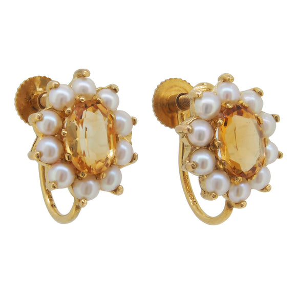 A pair of mid-20th century, 9ct yellow gold, citrine & pearl set, cluster screw on earrings