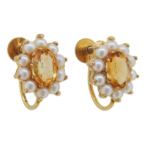 A pair of mid-20th century, 9ct yellow gold, citrine & pearl set, cluster screw on earrings.