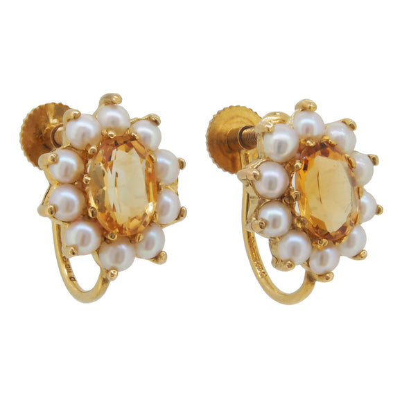 A pair of mid-20th century, 9ct yellow gold, citrine & pearl set, cluster screw on earrings.