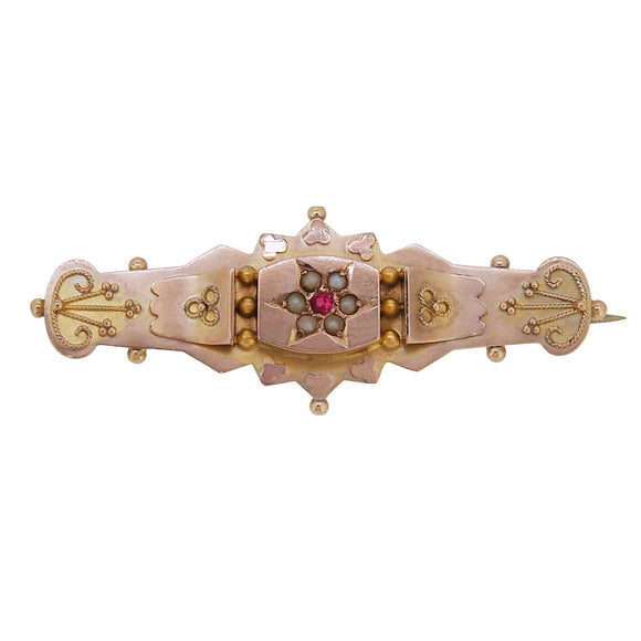 A Victorian, 9ct yellow gold, pearl & red gem set bar brooch