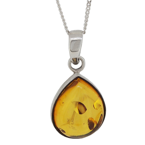 A modern, silver, amber set, teardrop pendant & chain