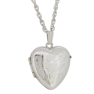 A modern, silver, half engraved, heart shaped locket & chain