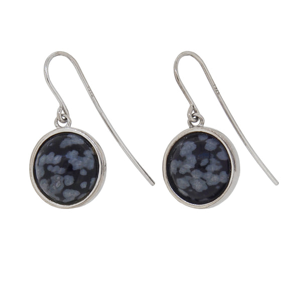A pair of modern, silver, circular black stone set drop earrings