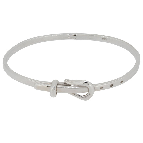 A modern, silver buckle bangle