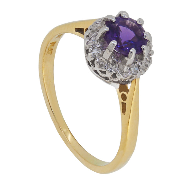 A mid-20th century, 18ct yellow gold & platinum setting, amethyst & diamond set, coronet cluster ring.