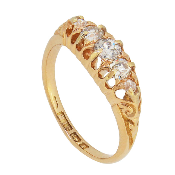 A Victorian, 18ct yellow gold, diamond set, five stone, half hoop ring