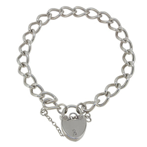 A modern, silver, curb link padlock bracelet