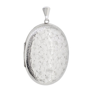 A modern, silver, engraved, oval locket