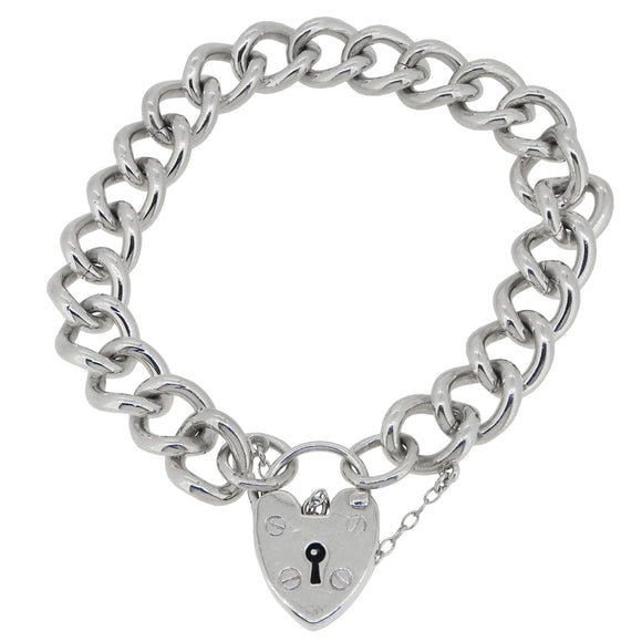 A modern, silver, curb link padlock bracelet