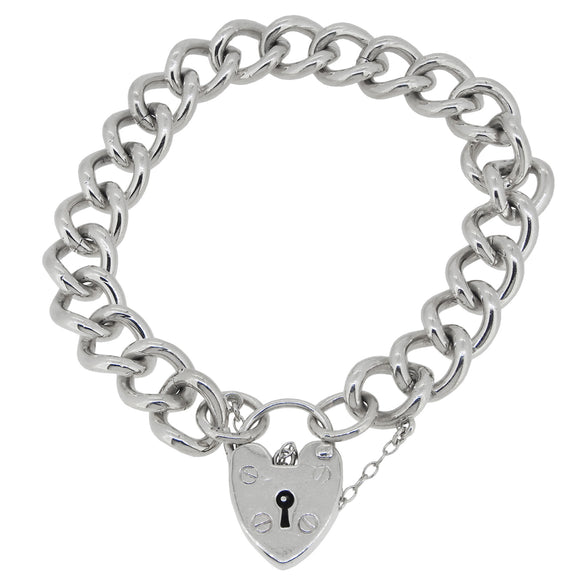 A modern, silver, curb link bracelet with a padlock clasp