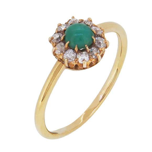A modern, yellow gold, turquoise & diamond set cluster ring