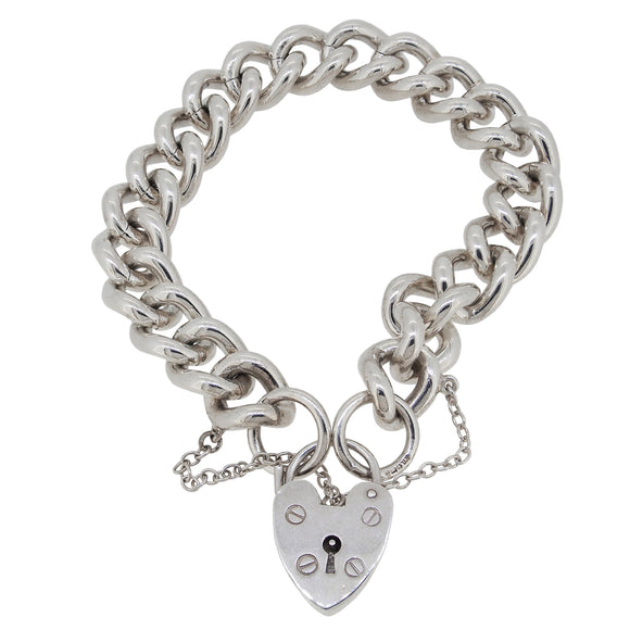 A modern, silver, heavy curb link padlock bracelet