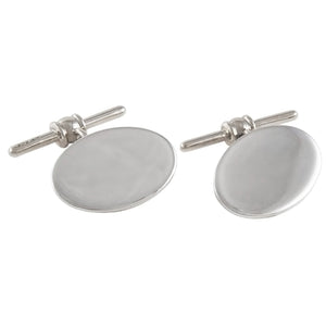 A pair of modern, silver, oval, chain & toggle link cufflinks
