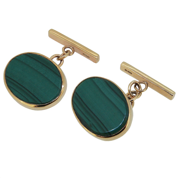 A pair of modern, 9ct yellow gold, oval, malachite set, chain link cufflinks