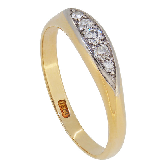 An early 20th century, 18ct yellow gold, diamond set, five stone, boat shaped ring