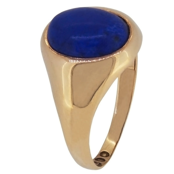 A modern, 9ct yellow gold, lapis lazuli set, single stone, oval signet ring