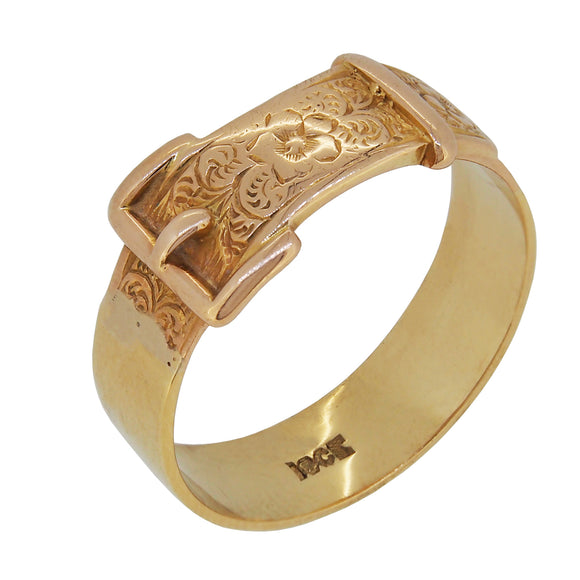 A mid-20th century, 18ct yellow gold, buckle band ring.