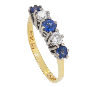 A modern, 18ct yellow gold, sapphire & diamond set, five stone, half hoop ring.