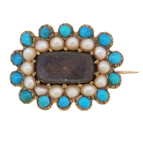 A Georgian, turquoise & pearl set Mourning brooch