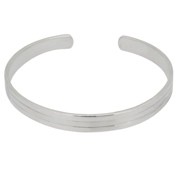 A modern, silver, flat, torque bangle