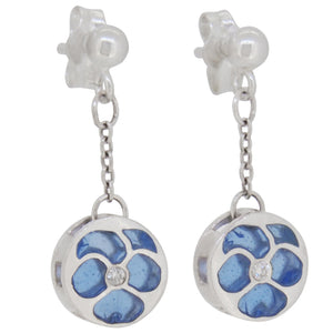 A pair of modern, silver, white sapphire &amp; plique-à-jour blue enamel set drop earrings