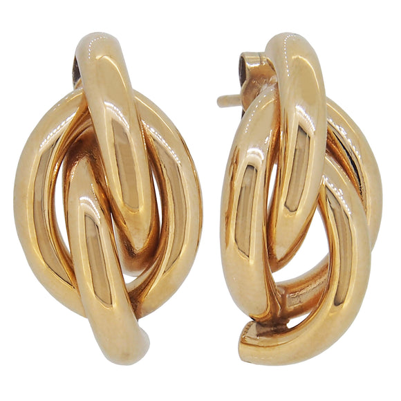 A pair of modern, 9ct yellow gold, abstract knot drop earrings