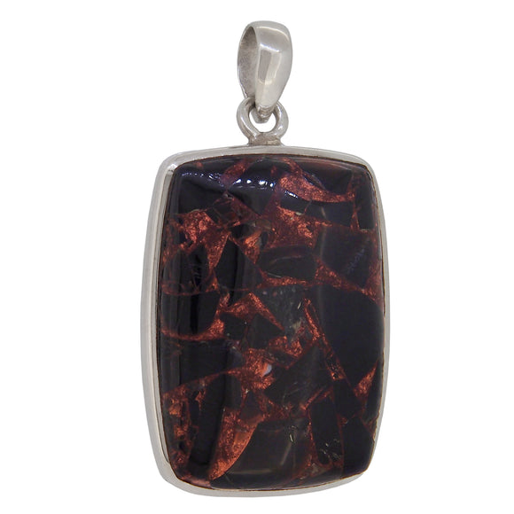 A modern, silver, black & bronze glass set rectangular pendant