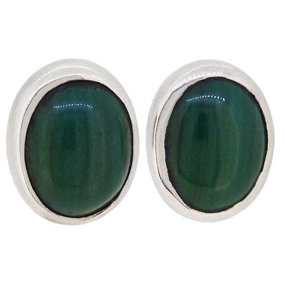 A pair of modern, silver, malachite set stud earrings