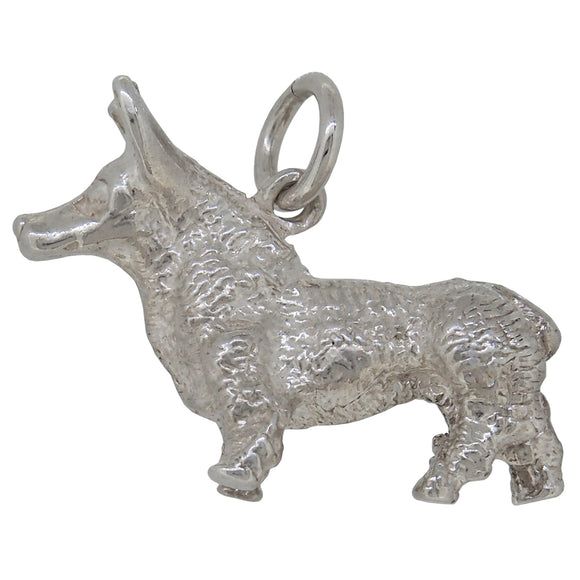 A modern, silver, corgi dog charm pendant