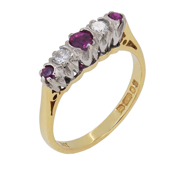 A modern, 18ct yellow gold, ruby & diamond set, five stone ring