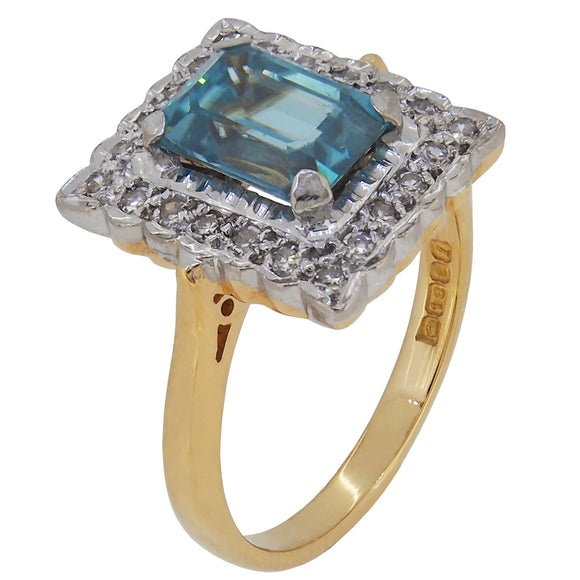 A mid-20th century, 18ct yellow & white gold, blue zircon & diamond set, square cluster ring