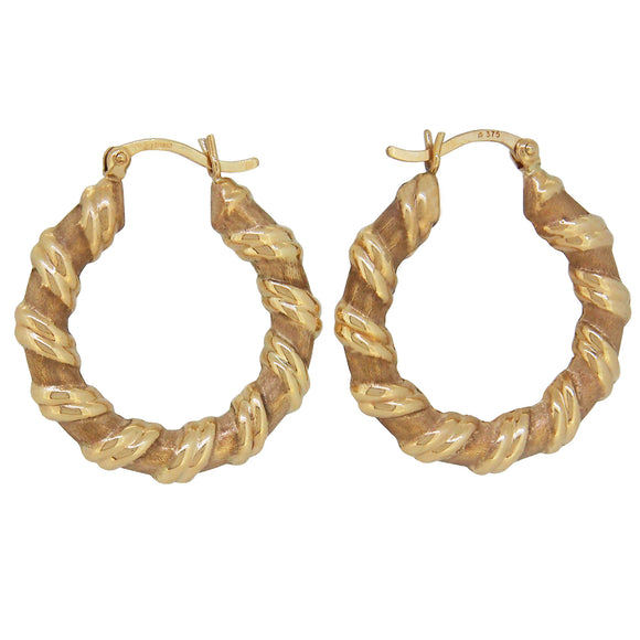 A pair of modern, 9ct yellow gold, textured, spiral hoop earrings