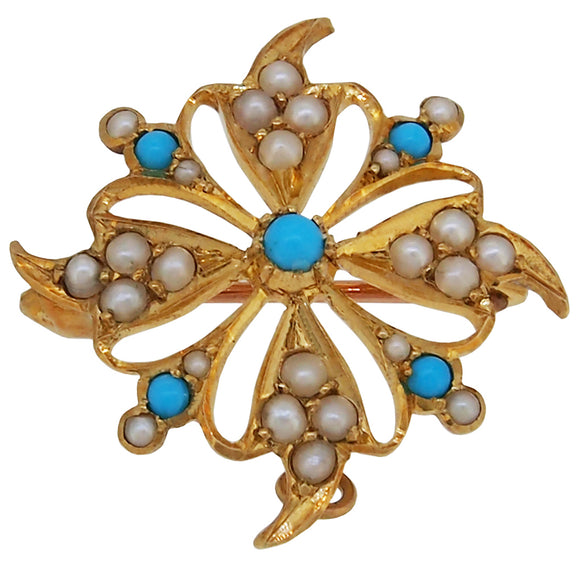 An Edwardian, 15ct yellow gold, turquoise & pearl set pinwheel brooch