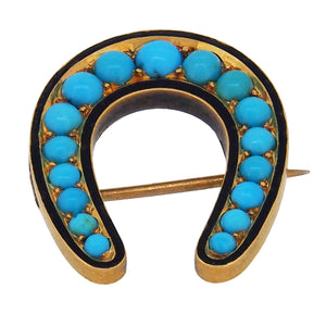 A Victorian, yellow gold, turquoise & black enamel set horseshoe brooch